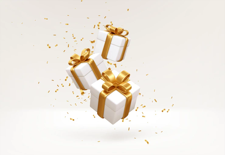 merry new year merry christmas 2022 white gift boxes with golden bows gold sequins confetti white background gift boxes flying falling vector illustration eps10 87521 3446